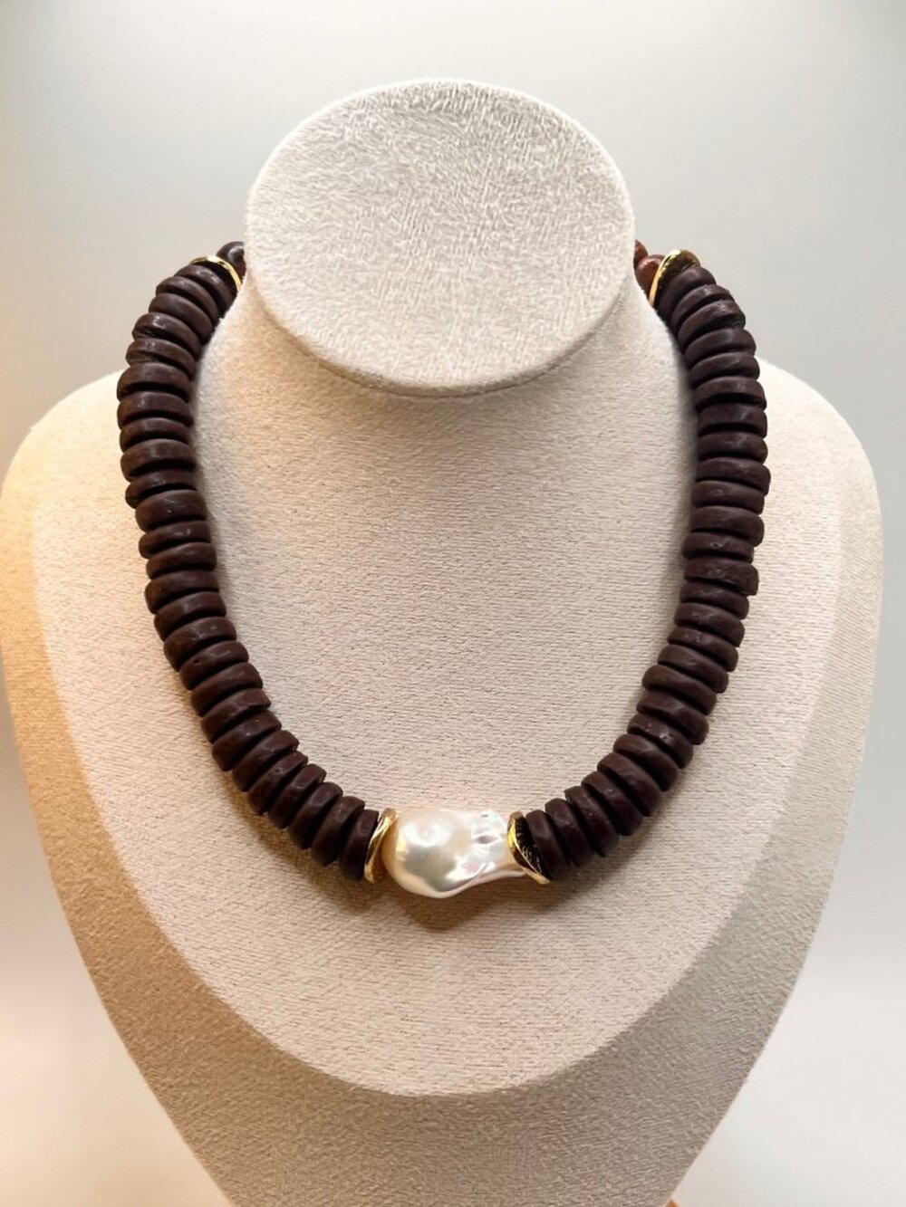 Handmade Coconut Shell Bead Necklace AAA Freshwater Baroque Pearl 17 in Boho